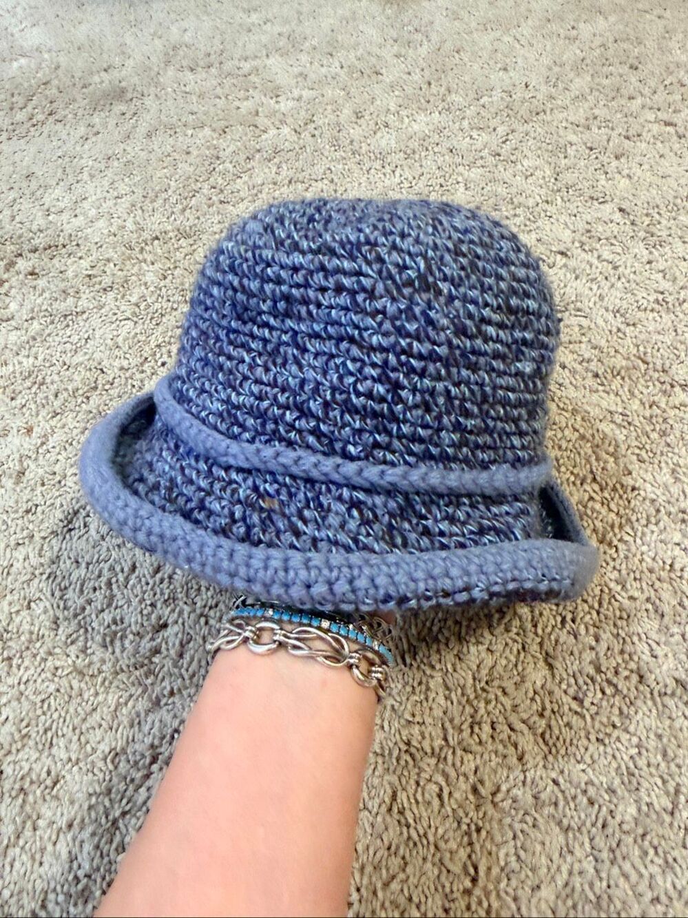 Blue Crochet Bucket Hat Casual Boho Sun Beach Summer Festival Handcrafted Style